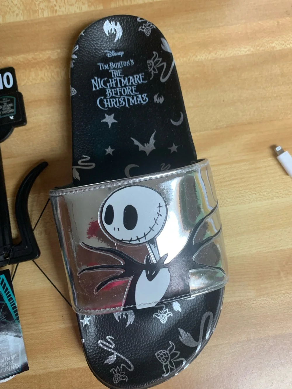 Night Before Christmas Black & Silver Metallic Slides, Unisex, Adult Sz 10, NWT